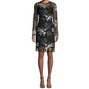 Floral-Embroidered Mesh Long-Sleeve Cocktail Dress